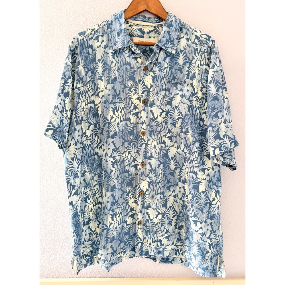 Tommy Bahama Mens Large Blue Floral Palm Leaf 100% Linen Short Sleeve Shirt